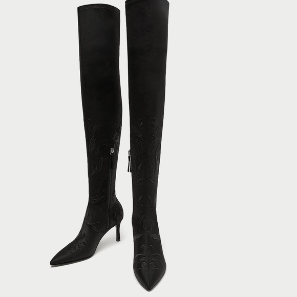 Zara Shoes - [SOLD]NWT Zara US 6.5 Embroidered Black Knee Boots